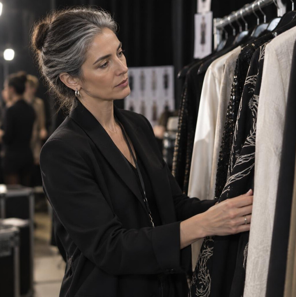 Uruguayan fashion designer showcasing a new collection backstage at a runway show