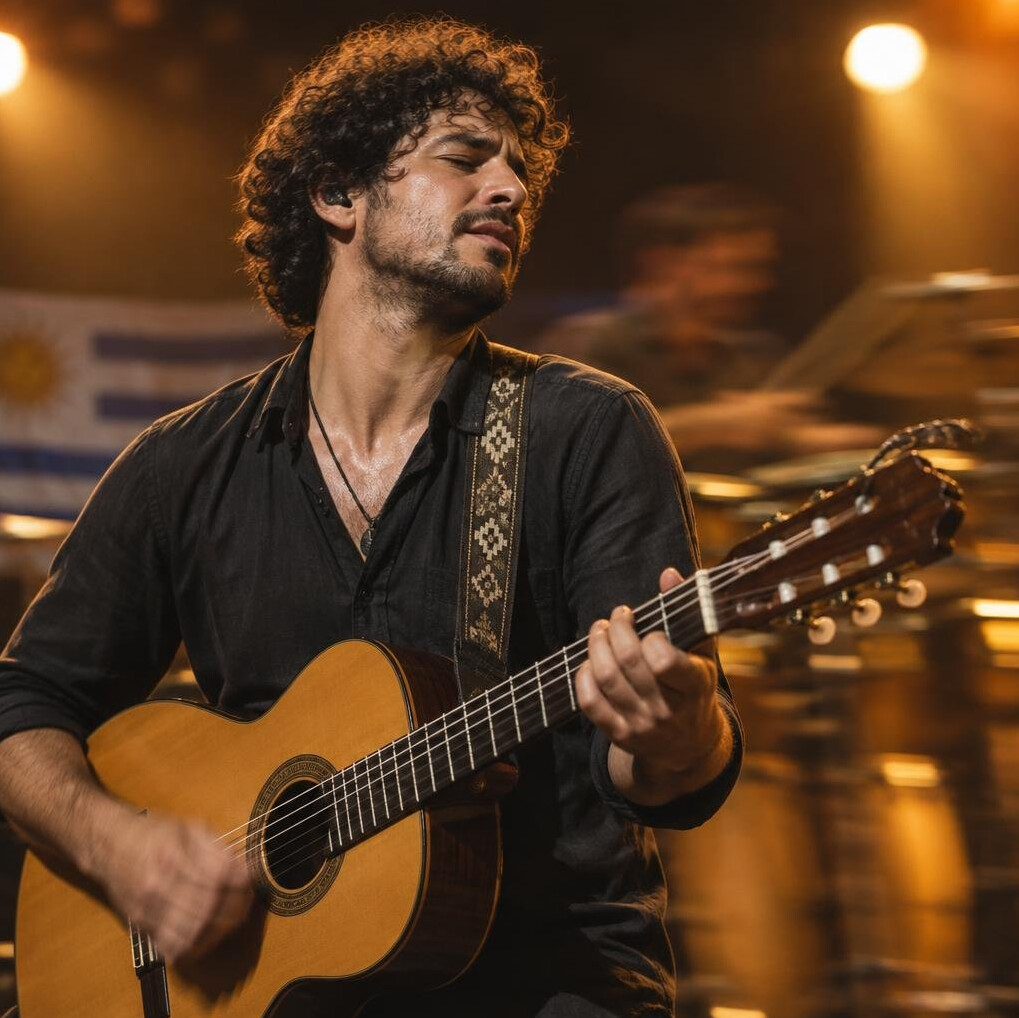 Uruguayan musician playing guitar on stage during a concert