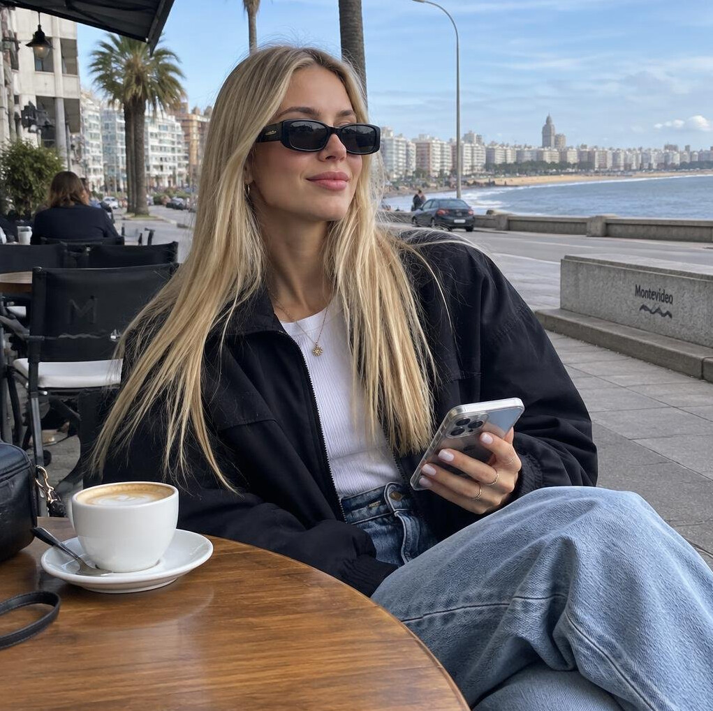 Uruguayan social media influencer taking a photo in a stylish outdoor cafe