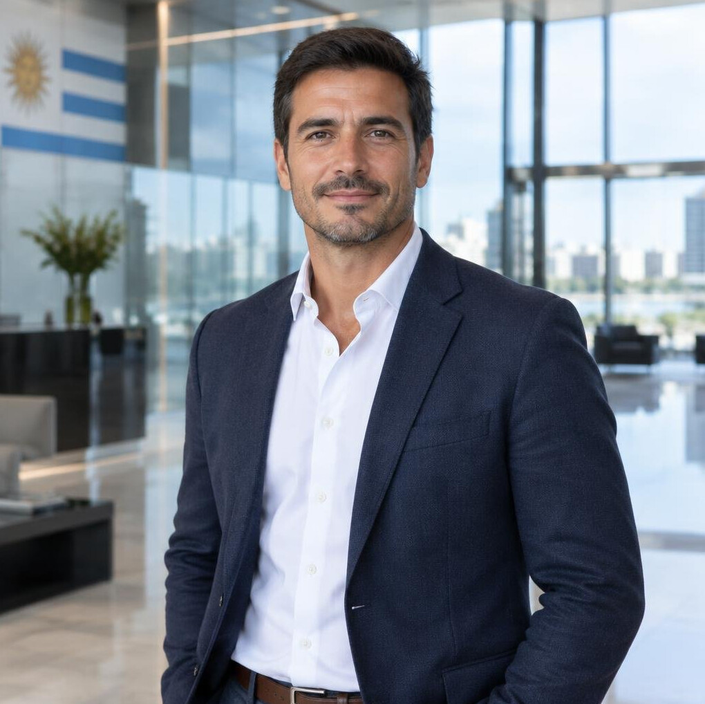 Uruguayan celebrity entrepreneur standing confidently in a modern office lobby