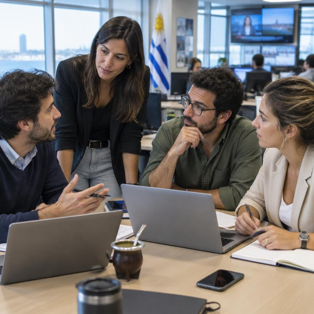 Team of Uruguayan entertainment journalists working together in a modern newsroom