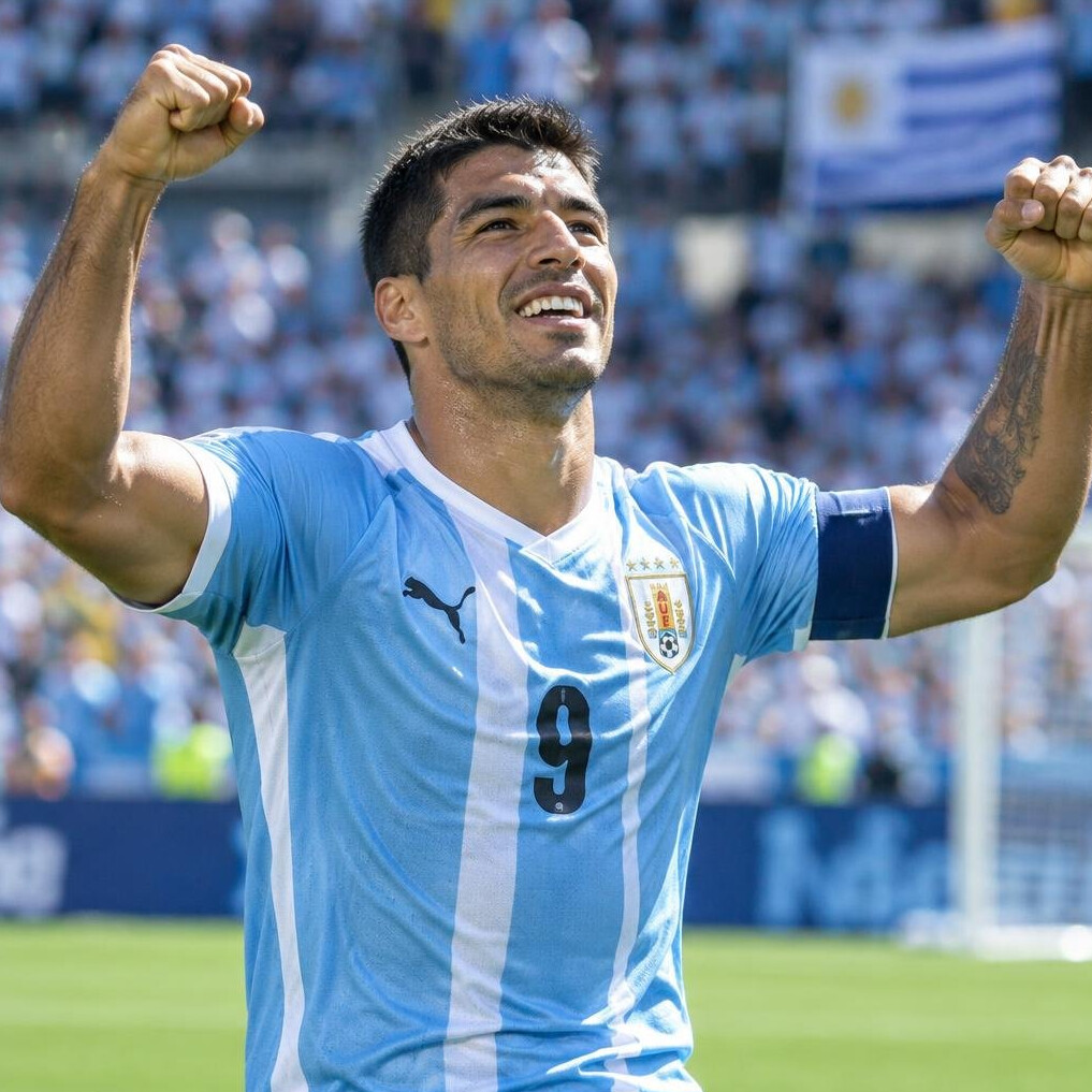 Uruguayan football star celebrating a goal on the field