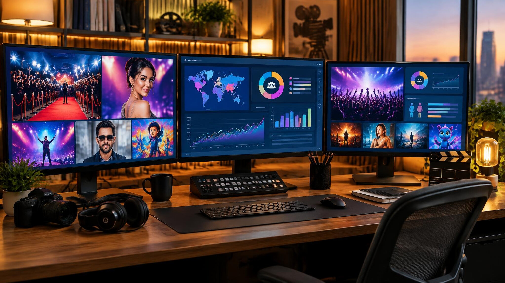 Modern media desk with multiple monitors showing entertainment news analytics